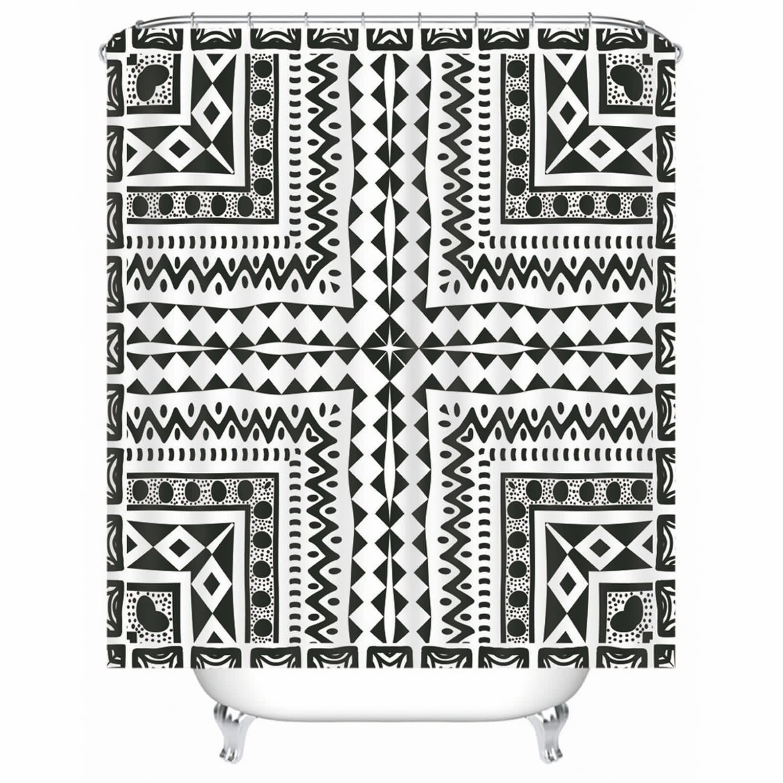Rideau de douche noir et blanc polyester lavable avec anneaux de douche motif carré tissu