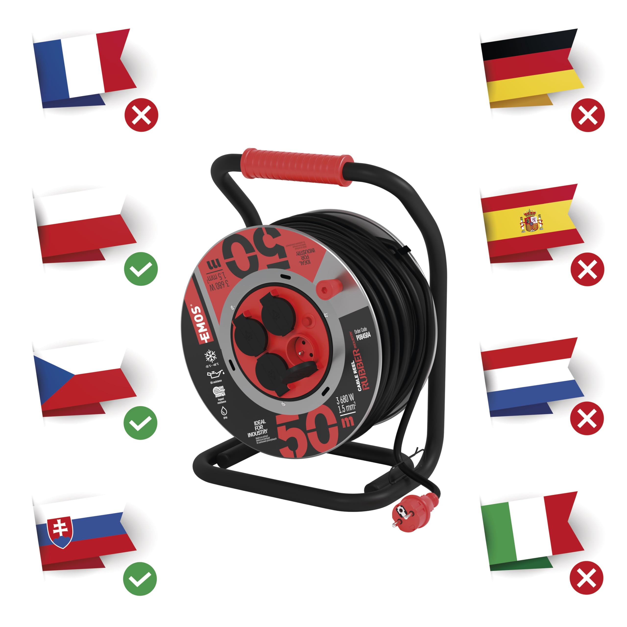 EMOS Przedłużacz bębnowy stalowy 50 m, 4 gniazda, IP44, wodoodporny, odporny na uderzenia i olej, 230 V 16 A 3680 W, H07RN-F 1,5 mm², zewnętrzny