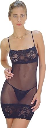 Sheer Chemise Baby Doll Lingerie with Lace Trim and Matching Lace G-String