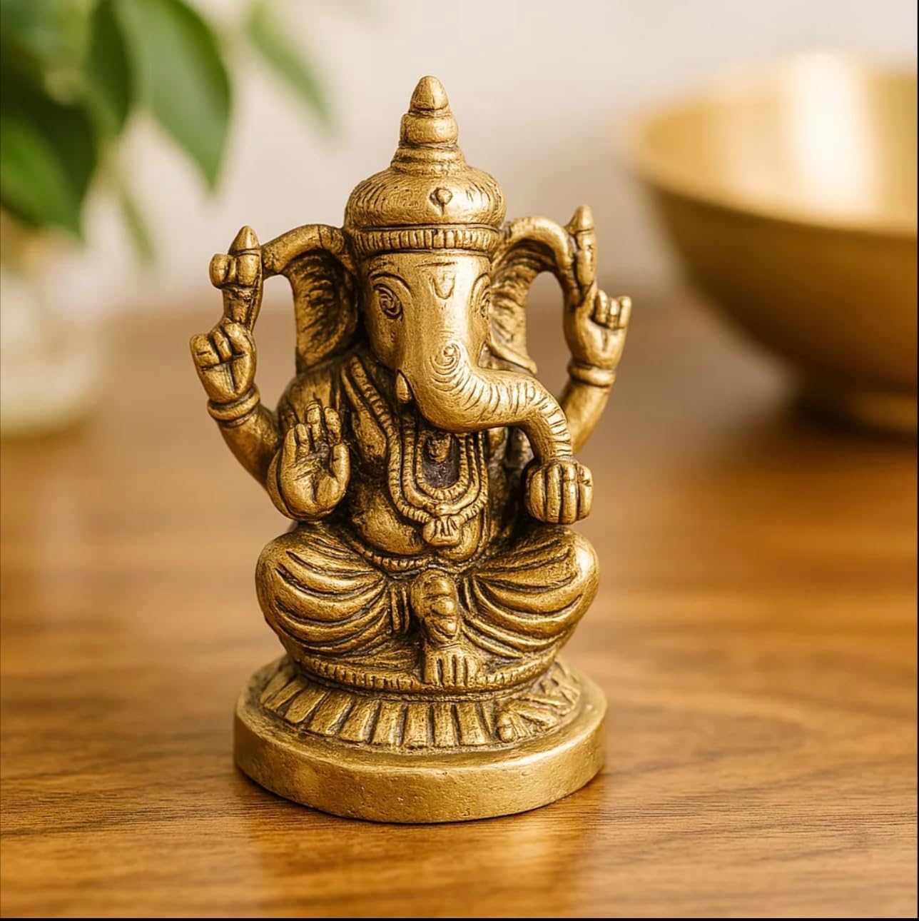 100% Pure Brass Lord Ganesha Idol for Home | 6.8 CM | Ganesh Murti | Yellow Antique Finish