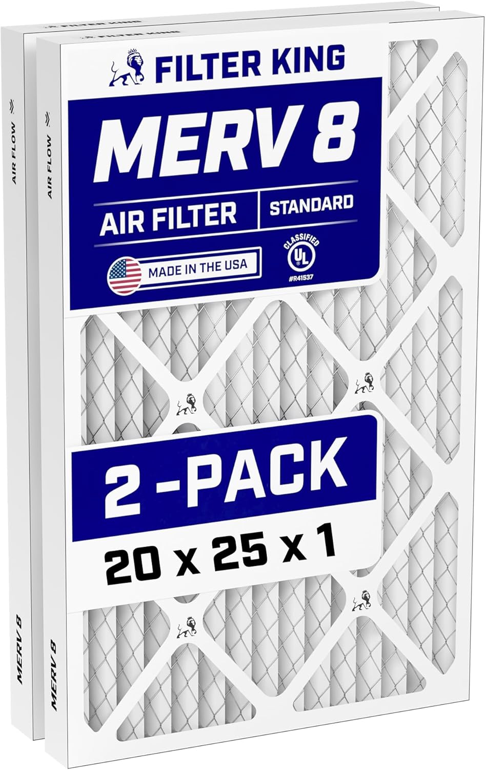 Filter King 20x25x1 Air Filter (MERV 8) (2-Pack) Dust & Allergy Control AC Furnace Filters, MADE IN USA, HVAC, Pleated, Electrostatic (Actual Size: 19.5 x 24.5 x .75)