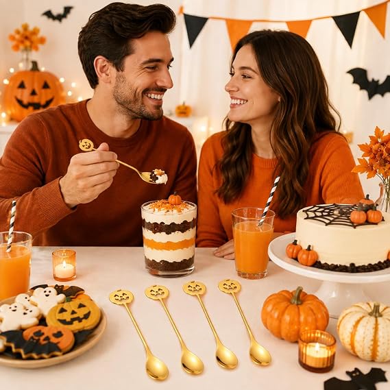 Garneck 5pcs Pumpkin Shaped Spoons Halloween Serving Spoons 5.9 Inch Tea Coffee Stir Kitchen Silverware Utensils for Halloween Thanksgiving Day Party Decor Dessert Stainless Steel