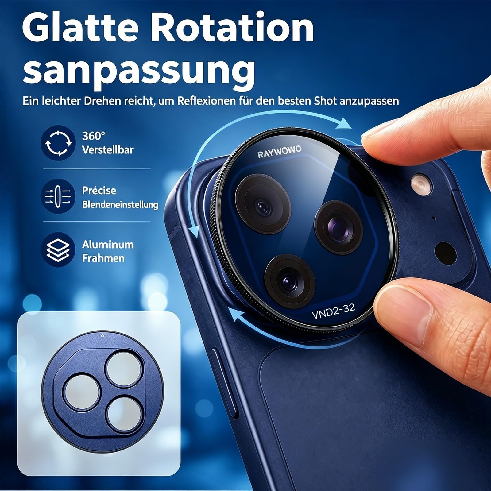 Snap-On Verstellbarer ND-Filter VND2-32 für iPhone 17 Pro & Pro Max, 11,2g Ultraleichter Kamera Graufilter, AGC Optisches Glas mit 28-Schicht-Vergütung, Anti-X-Effekt Handy Foto Zubehör (blau)