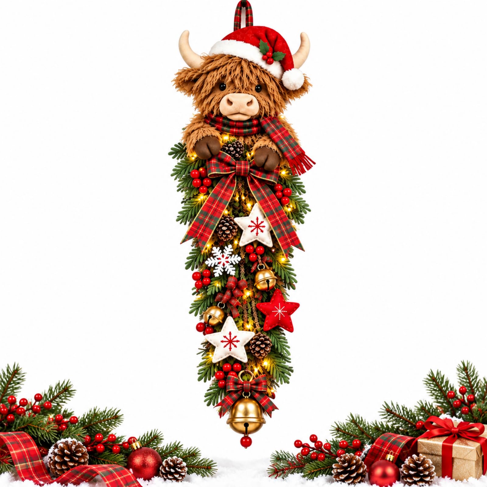 Lighted Highland Cow Christmas Door Swag, Rustic-style decor (1PCS)
