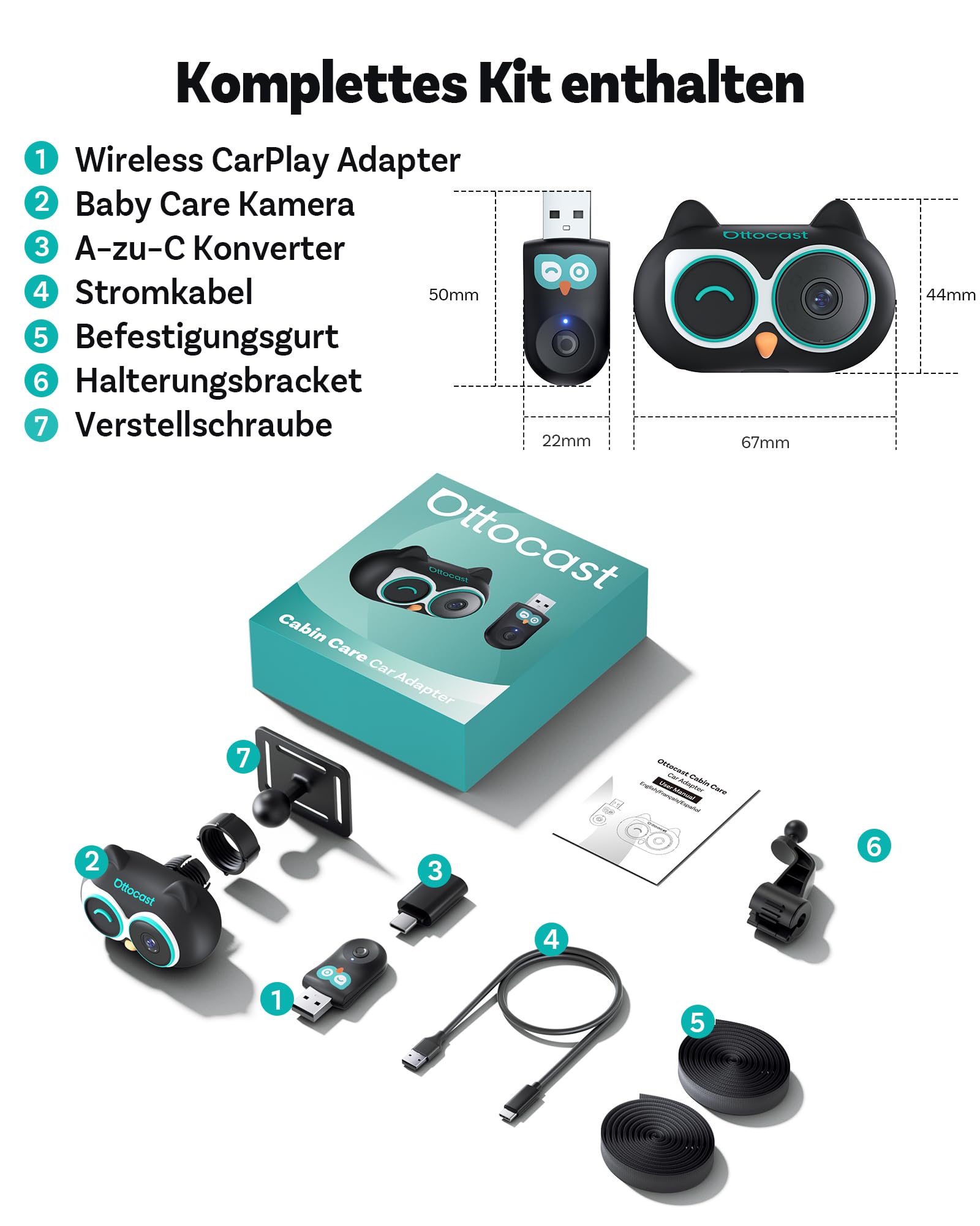 OTTOCAST 2-in-1 Baby Auto Kamera & Wireless CarPlay Adapter, 1080P HD, Echtzeit-Anzeige auf Originalen CarPlay Bildschirm, USB Plug & Play, Nachtsicht & 150° Weitwinkel, für Eltern & Haustierbesitzer