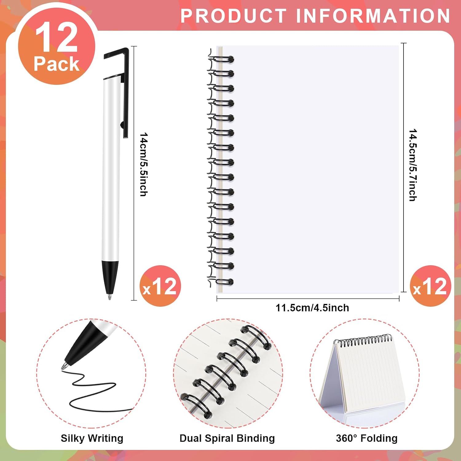 Spakon 24 Pcs Sublimation Notebook and Pen Set A6 Line Spiral Notebooks Blank with Sublimation Pens DIY Bulk for Office Writing Supplies Gifts