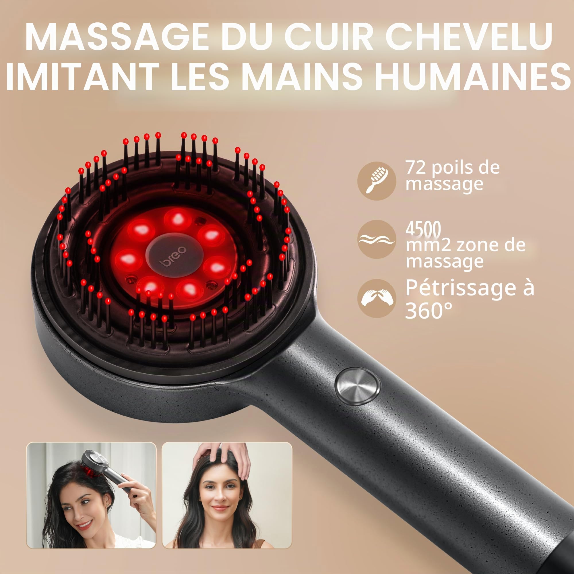 Breo Scalp3L Masseur de cuir chevelu laser pour la repousse des cheveux, masseur Shiatsu pour cuir chevelu avec thérapie à la lumière rouge, étanchéité IPX7, masseur électrique sans fil pour la