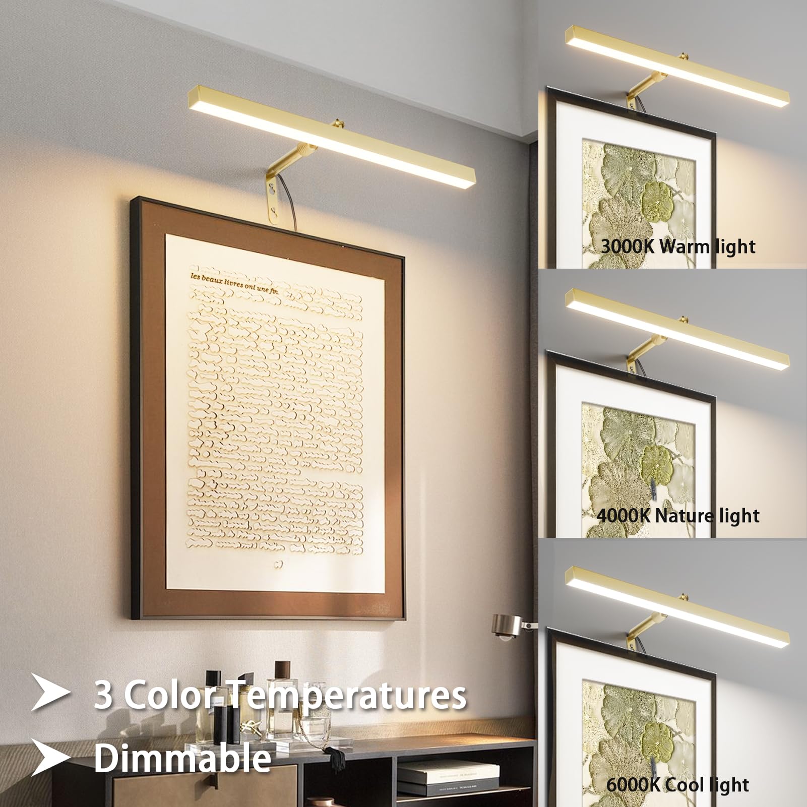 Coinmit Plug in Picture Lights for Wall, 16 inch Dimmable LED Art Light with Remote, 3 Colour Temperature Gallery Painting Wall Light for Picture Display Dartboard Art Work (Gold)