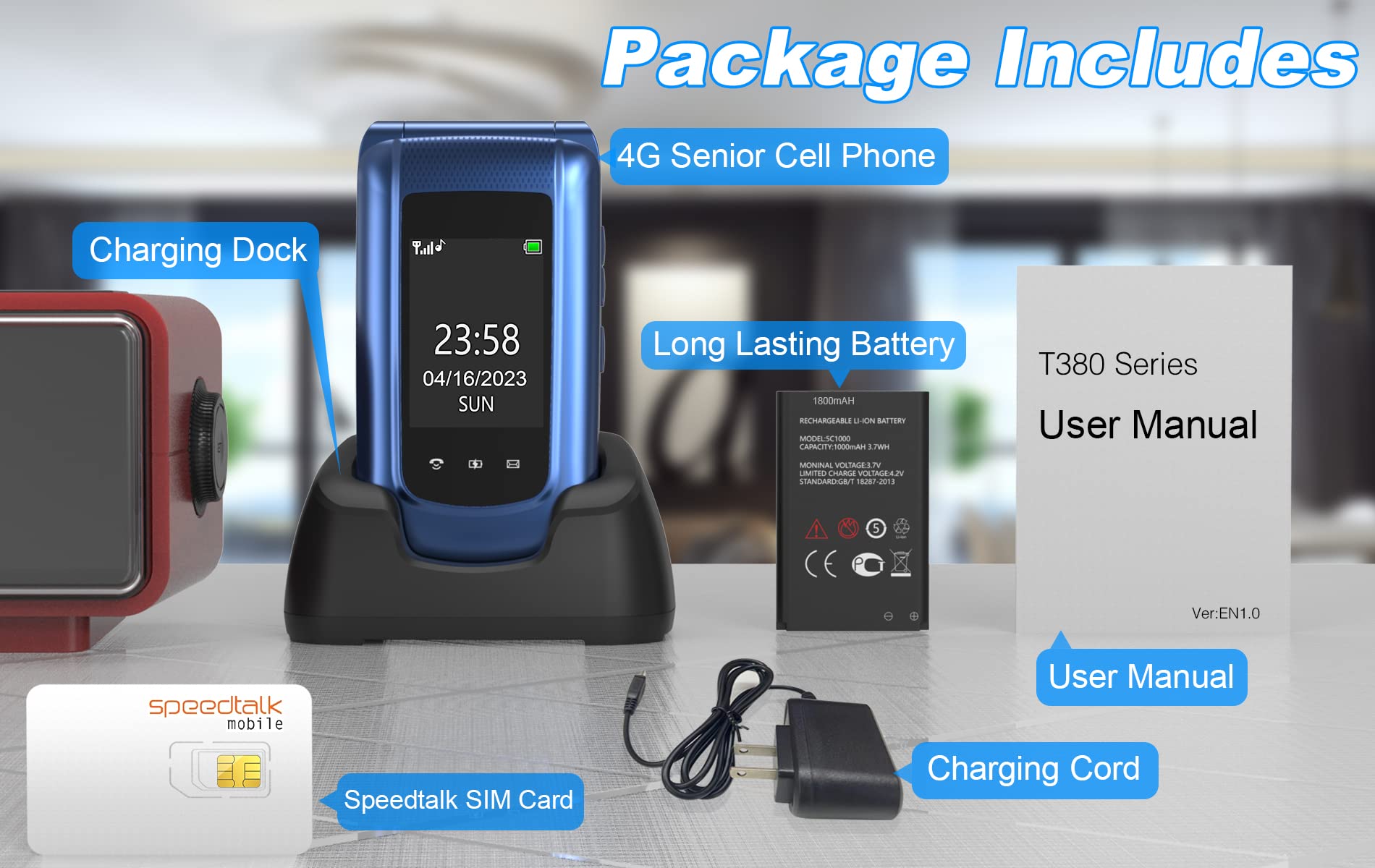 USHINING 4G LTE Unlocked Senior Flip Phone with Speed Talk SIM Card Seniors Cell Phone SOS Big