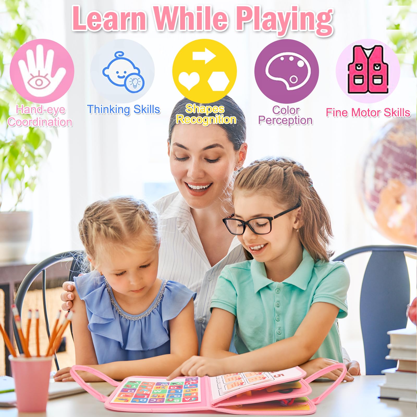 Withosent Busy Board per Bambini, 4 Strati Portatile Giochi Montessori, Rosa Pannello Sensoriale Montessori Activity Board, Giochi Educativi 3 4 Anni con Fibbie,Cerniere,Bottoni,Orologio,Alfabeto