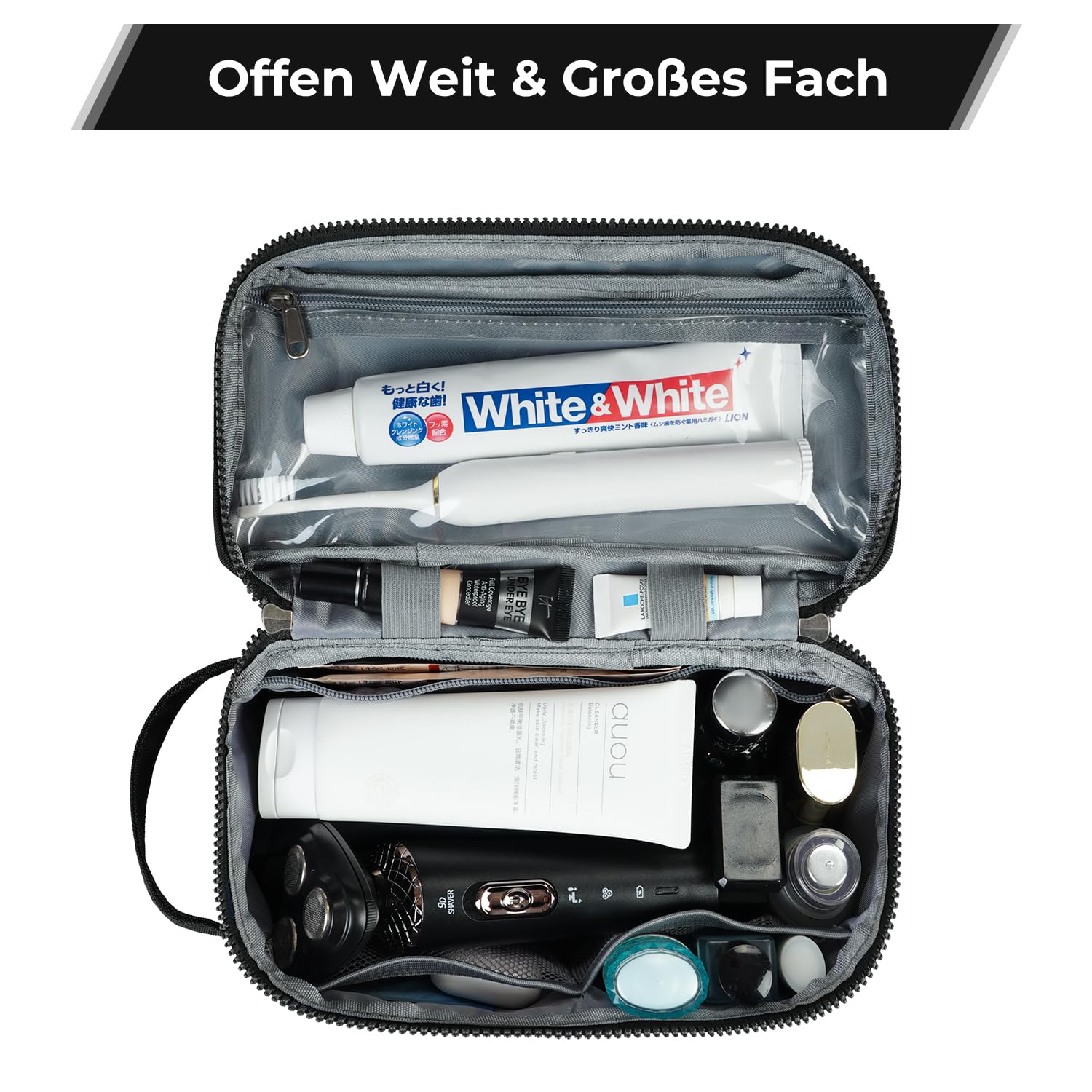 ECOHUB Borsa da Toilette da Viaggio Donna, Borsa da Barba per Uomo, Trousse de Toilette con Separazione Asciutto-Bagnato, Organizzatore di articoli da Toeletta, Brevetto Pendente(Nero)