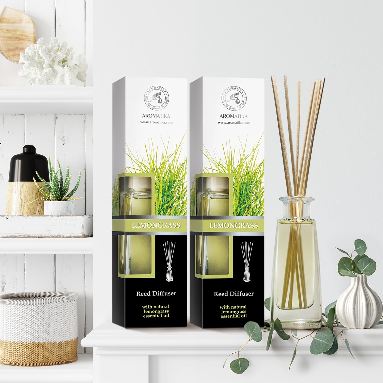 Raumduft Diffuser Set Lemongras mit Ätherischem Lemongras Öl 2x100ml - Raumduft Stäbchen - Aromadiffusers - Lufterfrischer - Duftdiffusor - Raumbeduftung - Reed Diffuser - Zitronengras Duft
