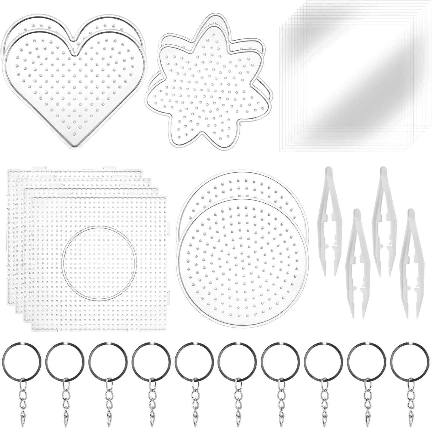 20 Piece 4 Shape Fuse Beads Pegboards Boards, 5 mm Fuse Bead Boards Large Clear Pegboards with 10 Ironing Paper and 4 Beads Tweezers, 10 Key Ring for DIY Arts and Crafts Supplies Beads