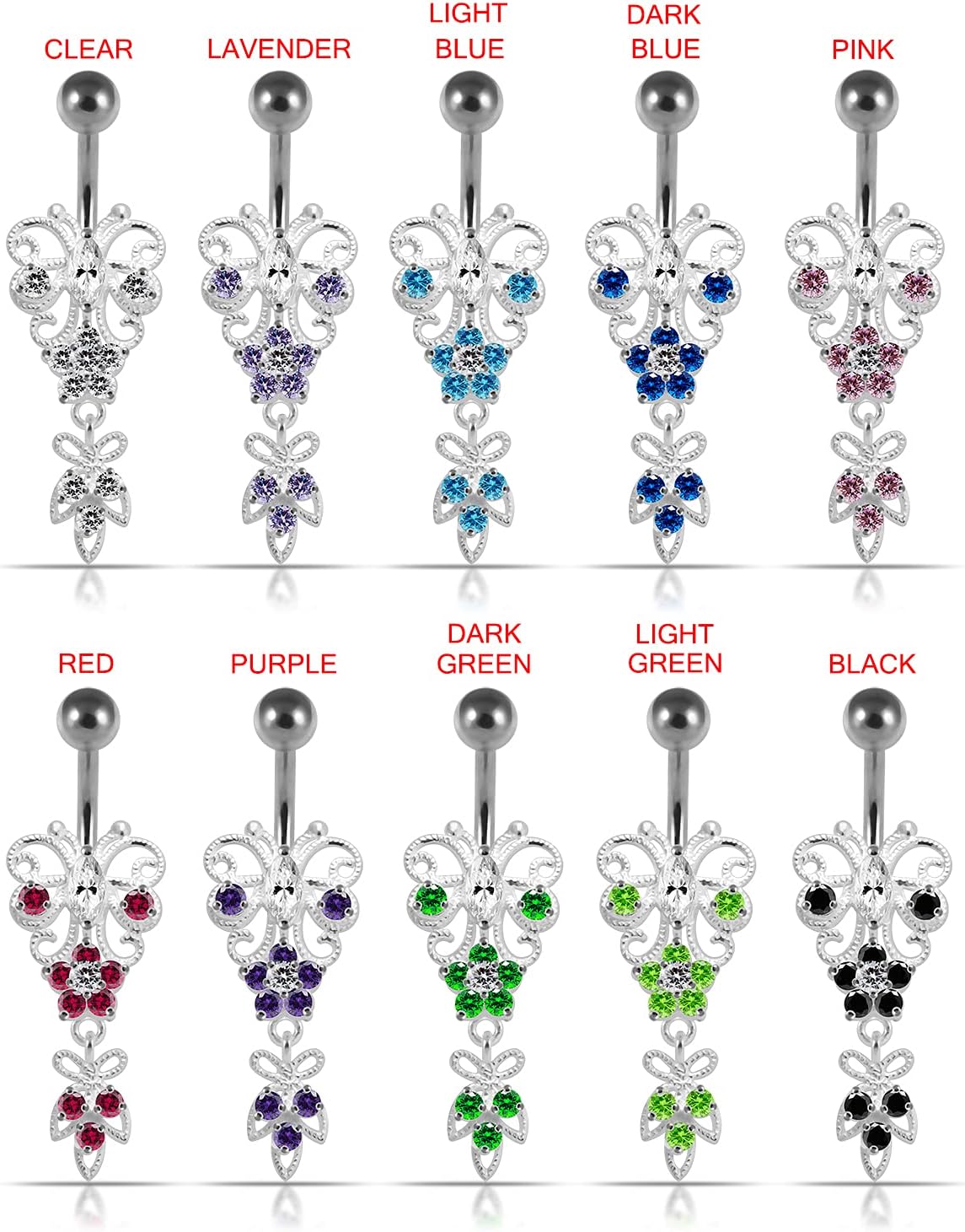 Filigree Butterfly Dangling Design 925 Sterling Silver with Stainless Steel Belly Ring - Belly Button jewelry - Navel jewelry