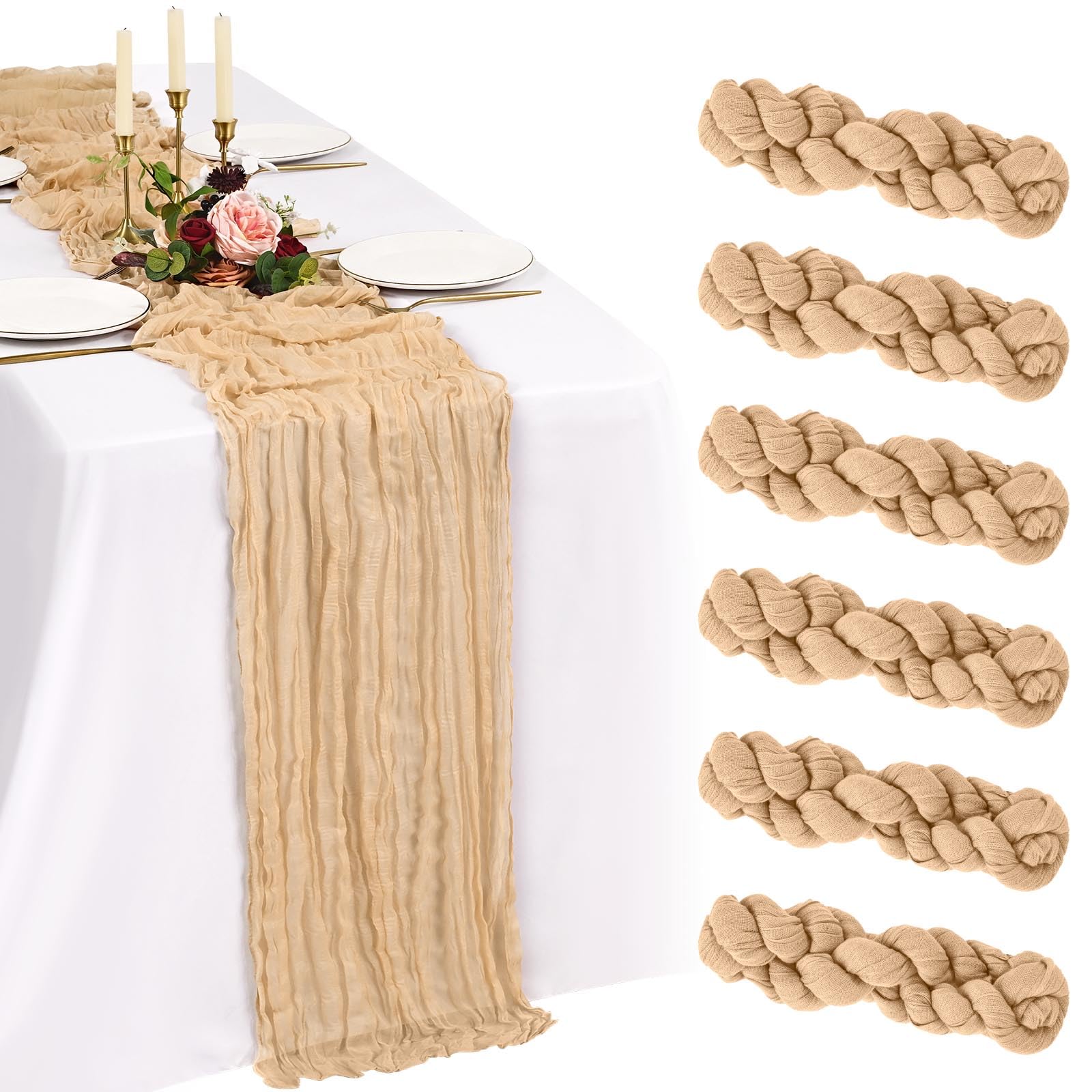 Showgeous 6 Pack Beige Cheesecloth Table Runner,21x120 Inch