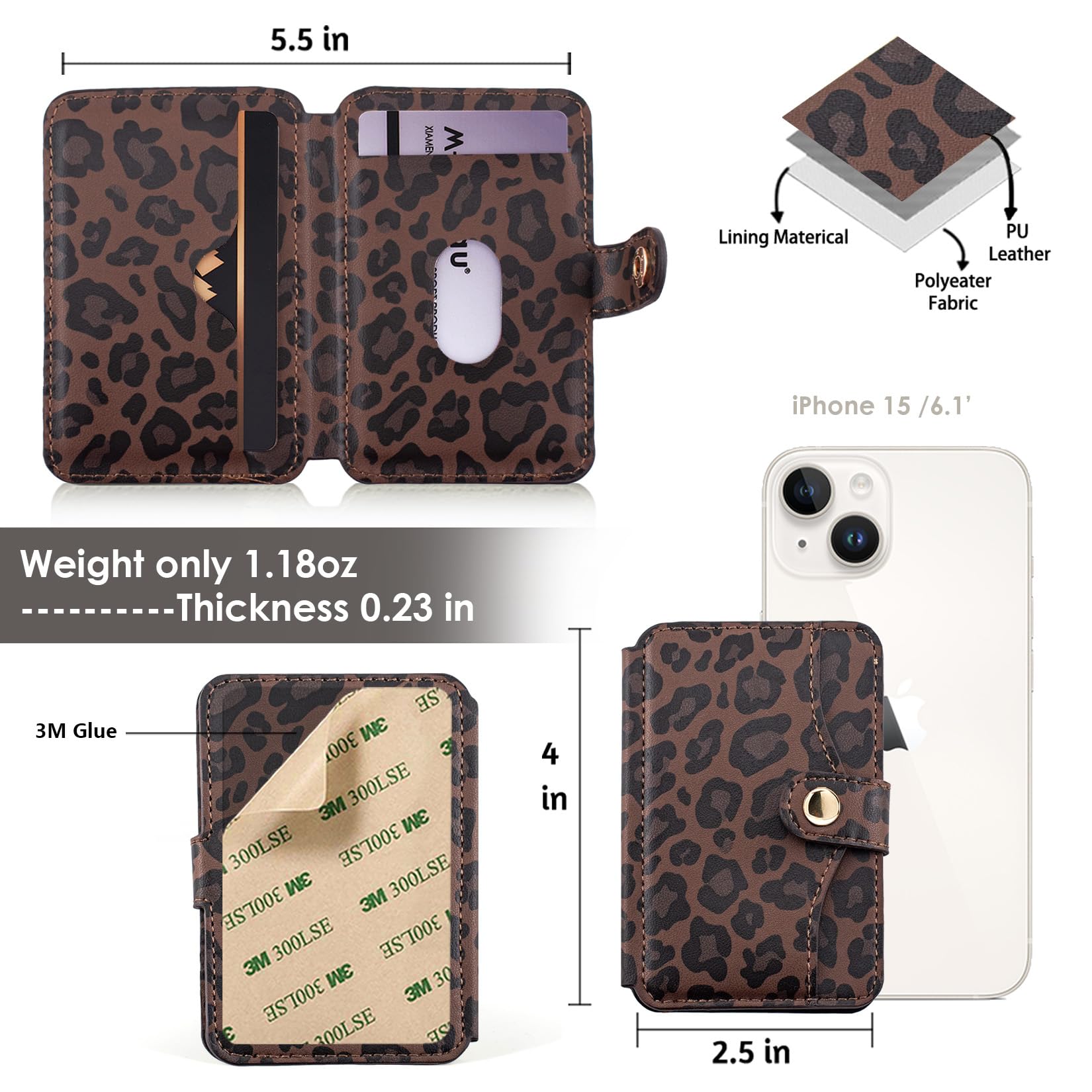 M-Plateau Credit Card Holder for Cell PhoneWith Slim 3M Adhesive Card Holder for Phone Case for iPhone 12& iPhone 13 Pro Max 6.1 Inches/One Plus 10T/Samsung Galaxy Most Smartphones (Leopard Print)