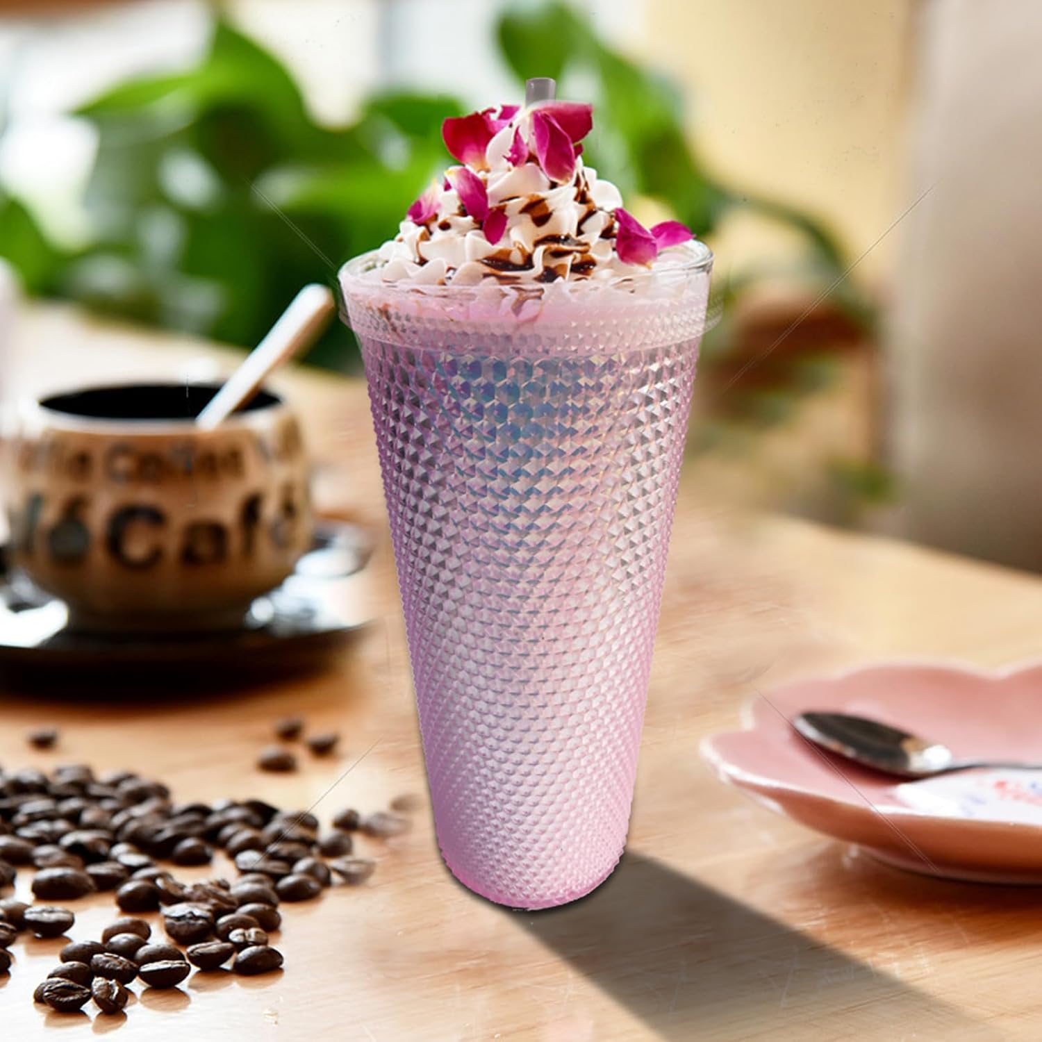 Studded Tumbler With Straw Tumblers With Lids And Straws Pink Tumbler With Straw Textured Cup BPA-Free Double-Wall Plastic Tumblers for Iced Coffee Cold Drinks or Water 24 Oz - Image 5