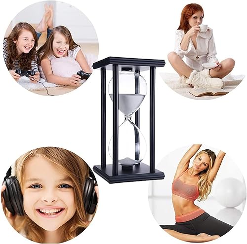Miniatura 6 de JIEHET Temporizador de reloj de arena de 60 minutos, marco de madera negro, temporizador de arena blanca de 60 minutos para habitación de los niños,