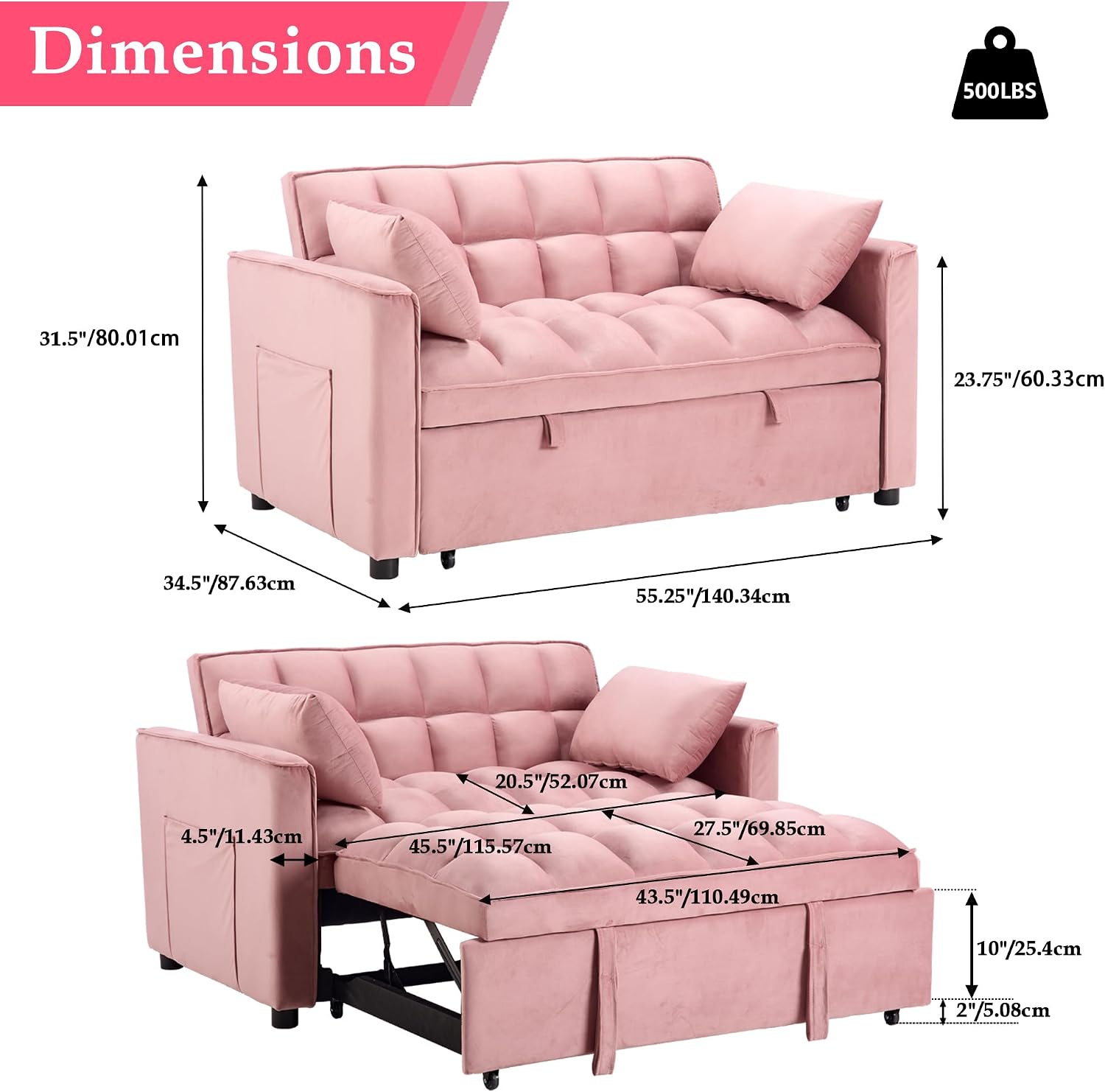 EBELLO 3 in 1 Convertible Sleeper Sofa Bed, Modern Velvet Loveseat Couch Pullout Bed for Living Room, Small Love Seat Lounge Sofa with Reclining Backrest, Pillows and Side Storage Pocket, Pink