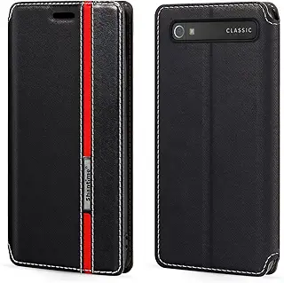 Shantime クラシックストライプレザー風ケース BlackBerry Classic Q20 との互換性あり 隠しマグネット カード収納 コントラスト配色デザイン(ブラック)
