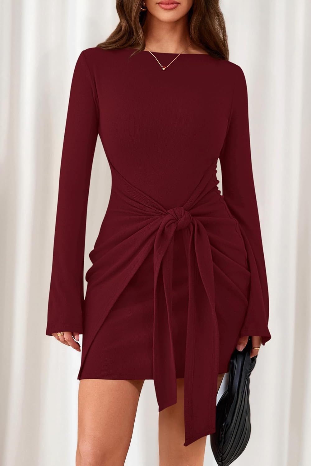 dowerme Women's Casual Mini Dress 2026 Bell Long Sleeve Boat Neck Tie Waist Bodycon Dresses Knitted Party Spring Outfits - Image 8