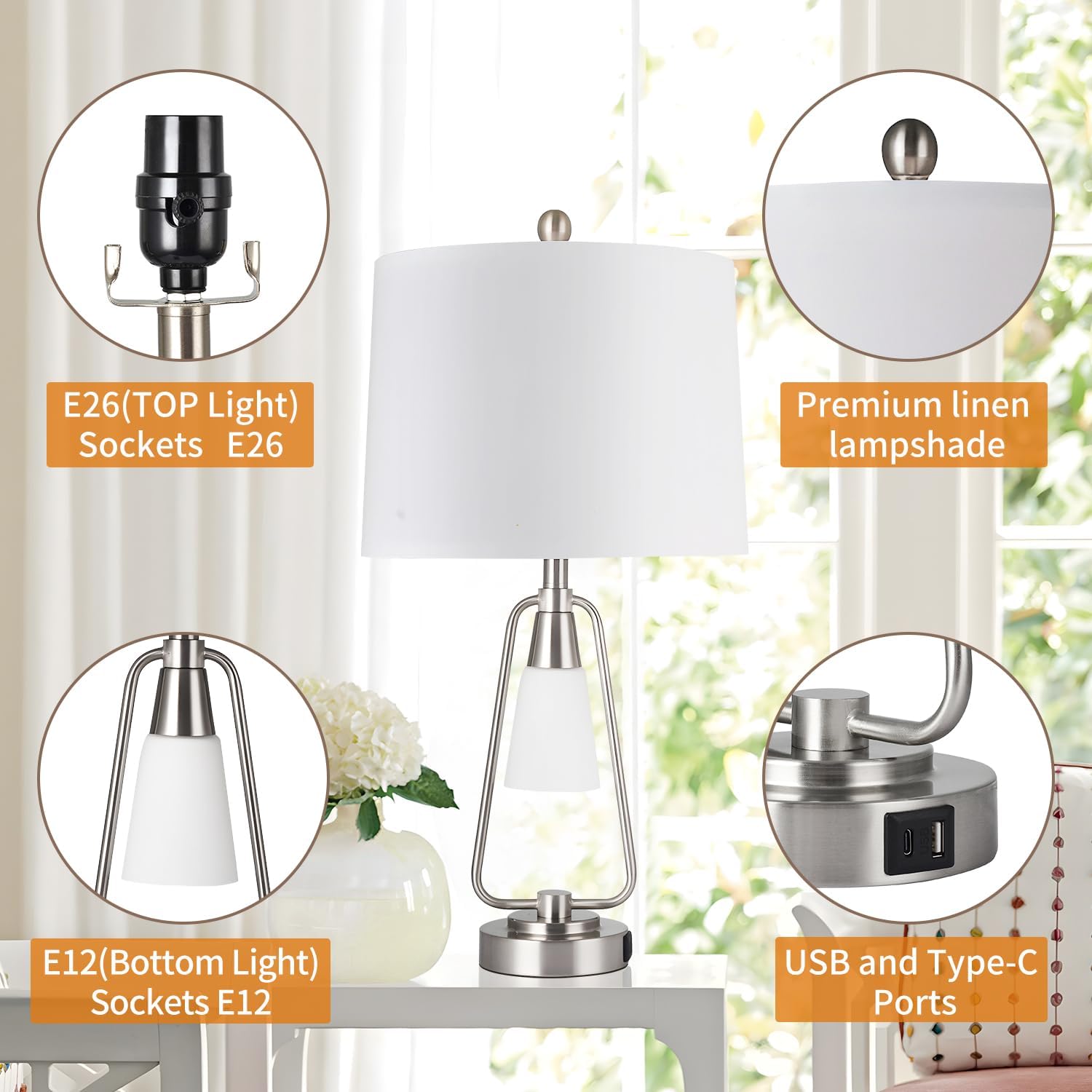 AKASUKI 25Inch Silver Metal Table Lamps for Bedrooms Set of 2, 3-Way Dimmable Bedside Lamp Touch Control Lamps with USB and Type-C Ports, Table Lamp for Living Room Bedroom (LED Bulbs Included)