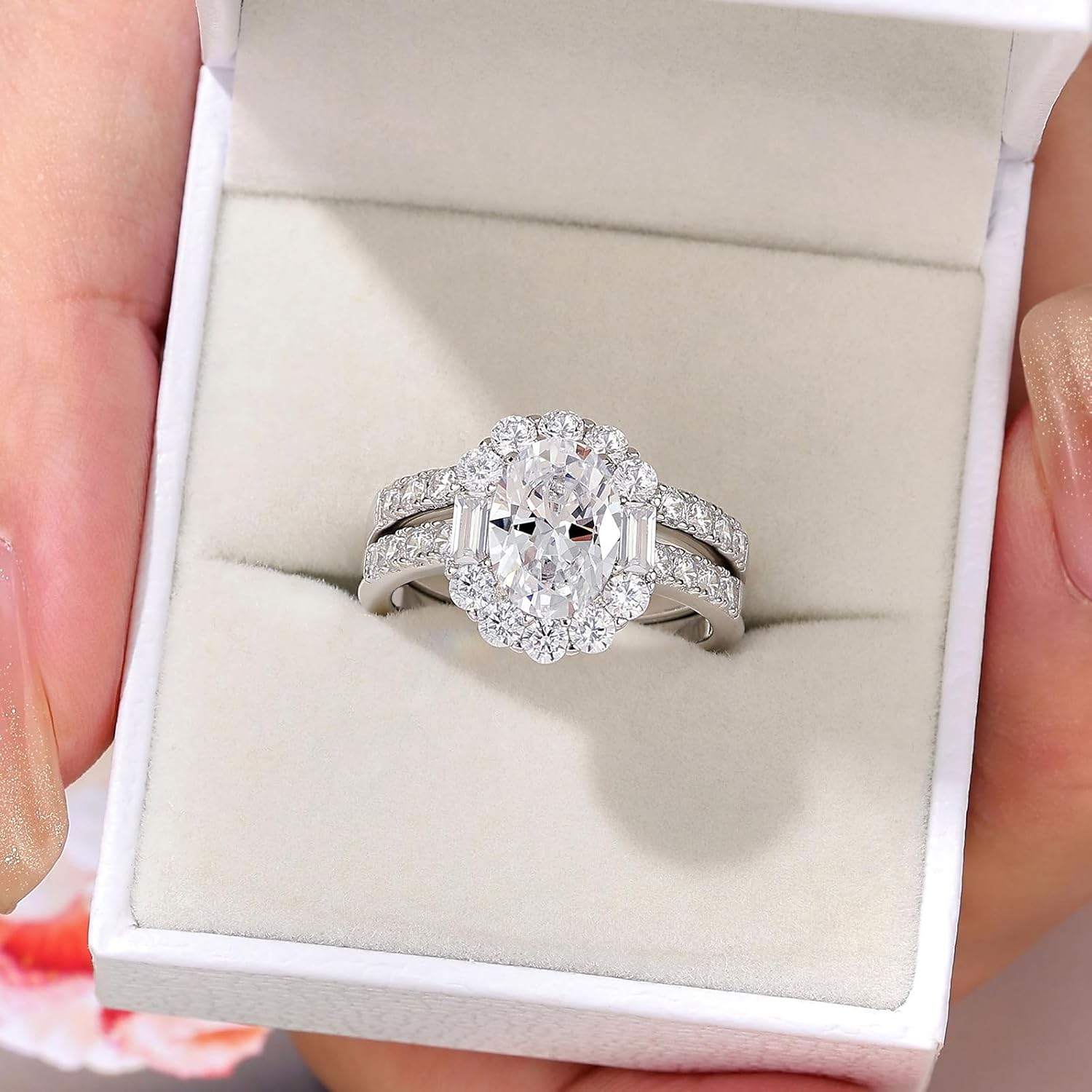 Wuziwen Oval Cut Engagement Rings for Women Cubic Zirconia Womens Wedding Ring Sets 925 Sterling Silver - Image 2