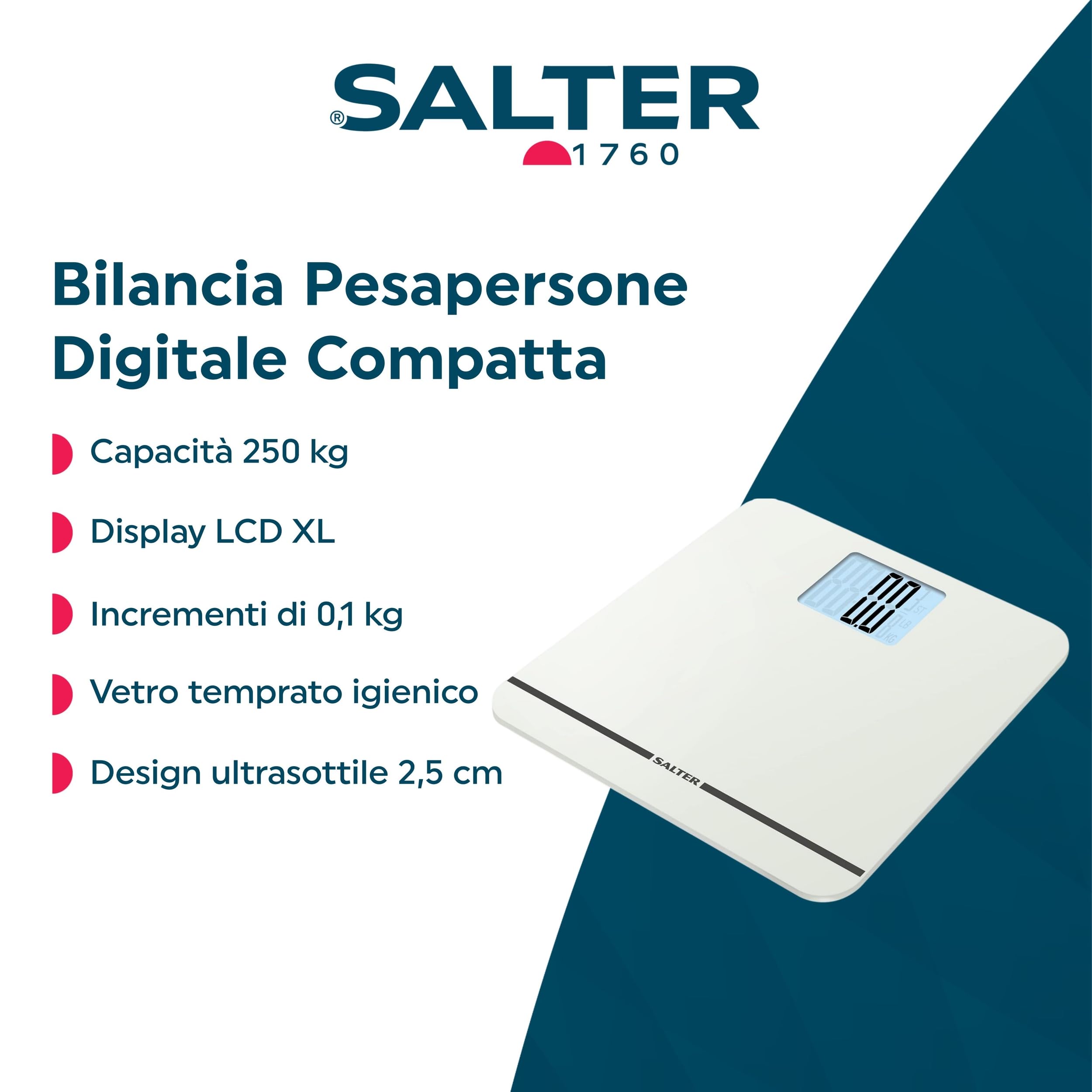 Salter 9075 WH3R Bilancia pesapersone compatta elettronica - Max premium, Capacità 250Kg, bilancia digitale, display LCD XL, ampia pedana,15 anni di garanzia, bianco