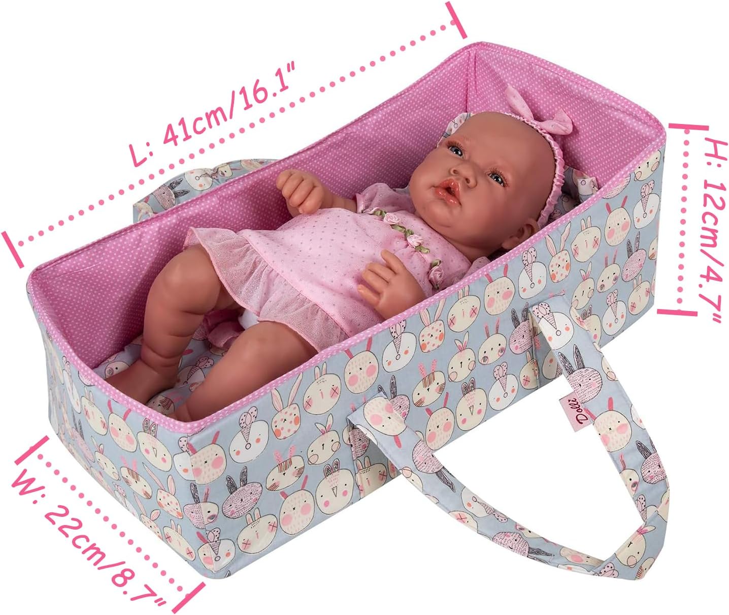 Doll Carry Cot Set, Soft 3PC Set Includes Cot, Mattress and Pillow, Blue Rabbit Doll Bassinet, Fits for 14-16 Inch American Girl Dolls