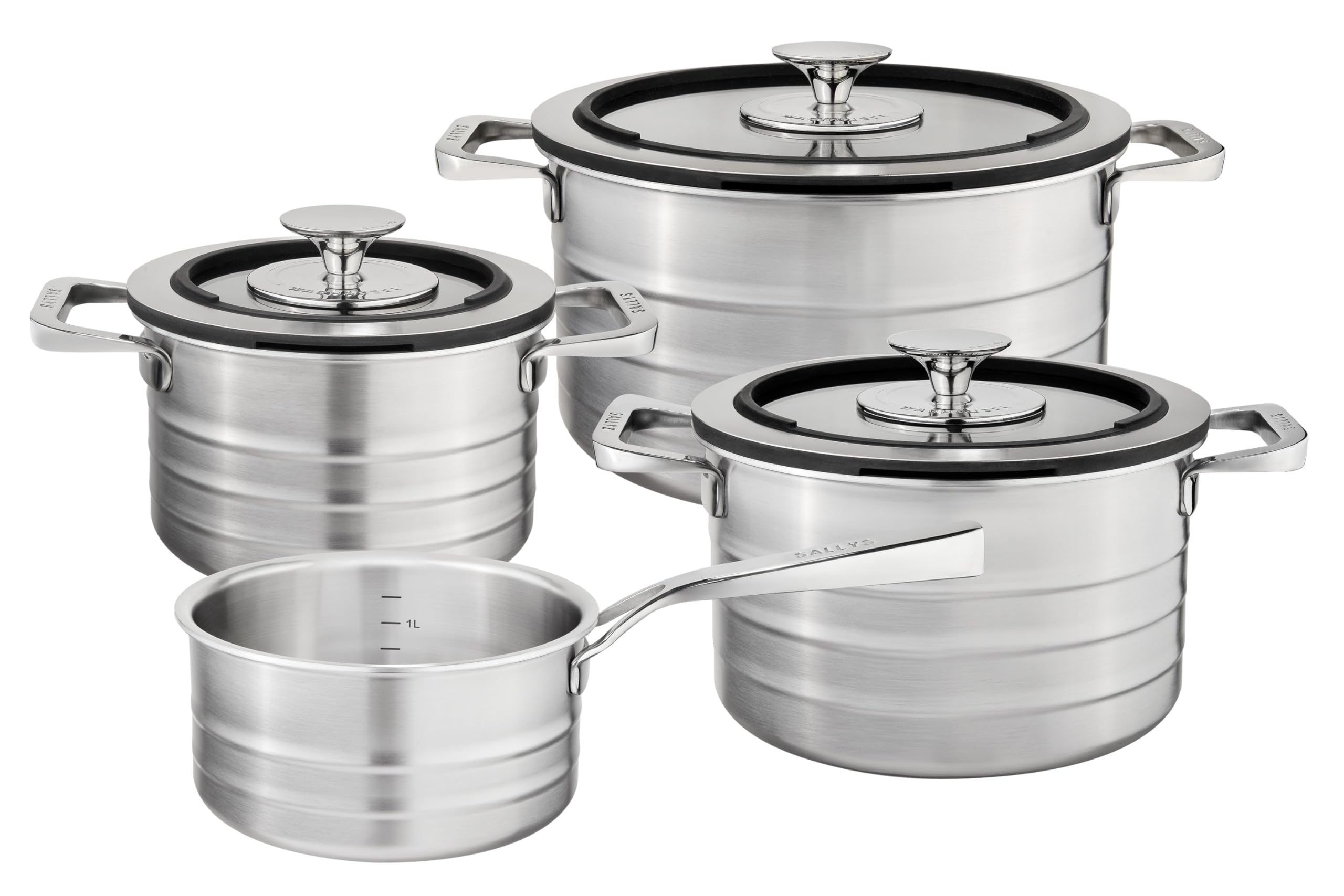 Sallys Edelstahl Kochtopfset Induktion "La Cucina", 9-teilig, Kochtopf Set mit multifunktionalem Glasdeckel, Innenskalierung, für alle Herdarten geeignet