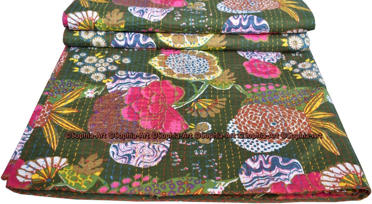 Sophia-Art Indian Tropical Print Floral Kantha Queen Gudri Handmade Quilt Vintage Fruit Print Kantha Spread Throw Cotton Blanket Bedspread 90X108 Inches (Mehndi Green)