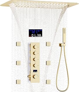 AYIVG Brushed Gold Thermostatic Shower System 16X24 inch Rainfall And Waterfall Shower Set Ceiling Full Body Shower System with Handheld Spray and Digital Display Pressure Balance Valve