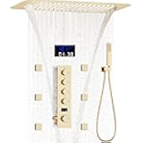 AYIVG Brushed Gold Thermostatic Shower System 16X24 inch Rainfall And Waterfall Shower Set Ceiling Full Body Shower System with Handheld Spray and Digital Display Pressure Balance Valve
