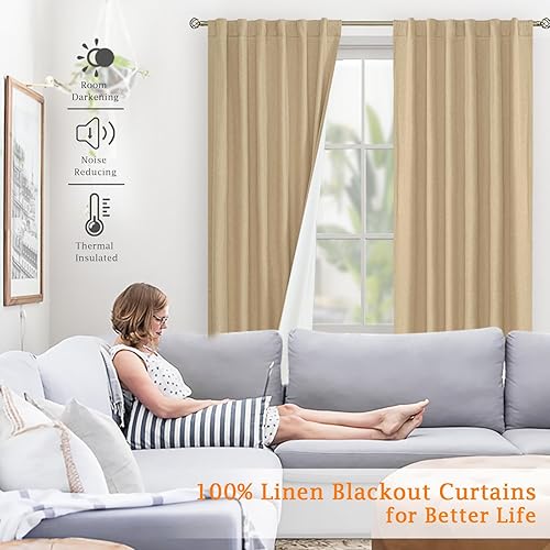 Miniatura 3 de LAMIT Cortinas de lino natural 100% opacas, 72 pulgadas de lino texturizado para sala de estar, cortinas de granja para oscurecer la habitación