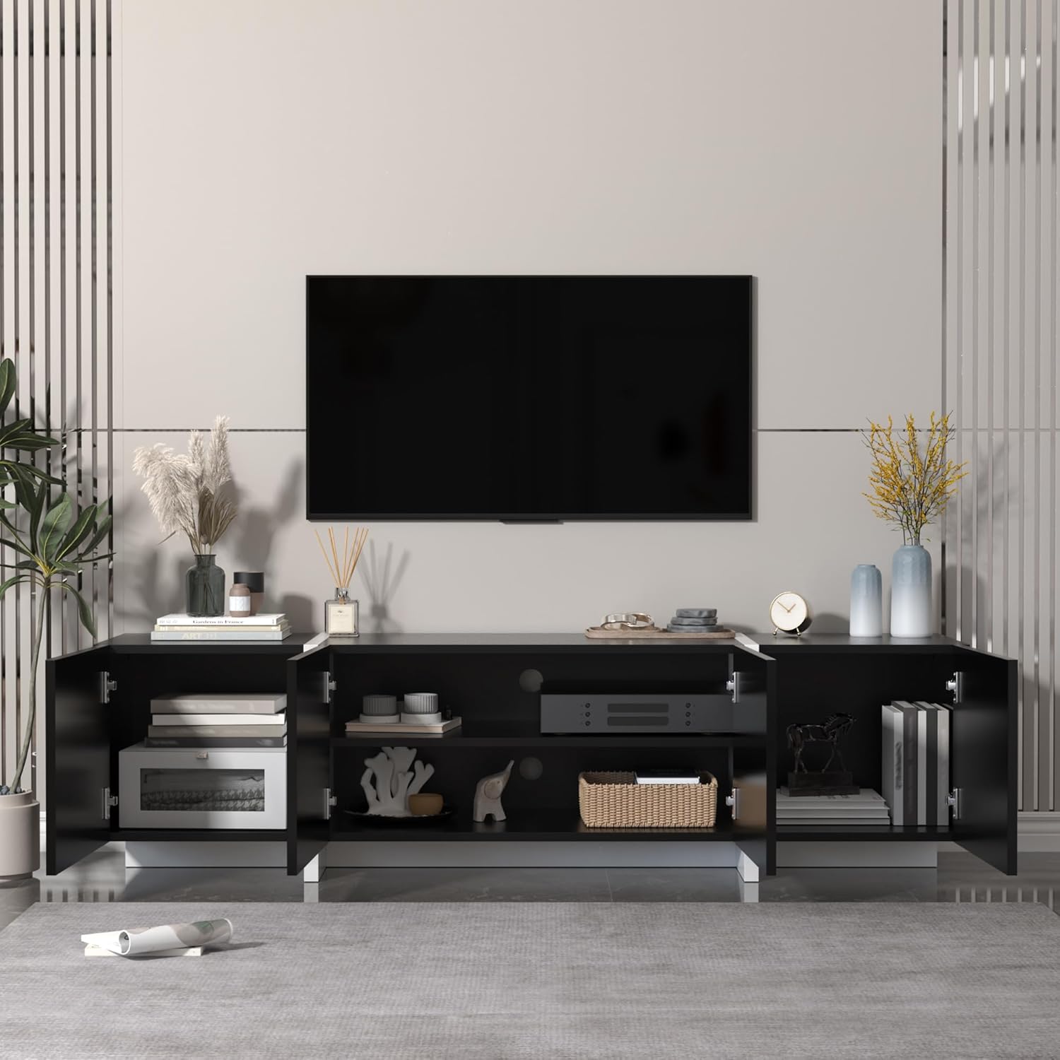 holzart 67" Modern Black TV Stand up to 70 Inch TV, Media Console with High Gloss Doors & Scratch-Resistant Matte Top, Entertainment Center with Cable Management & Storage Cabinet for Living Room