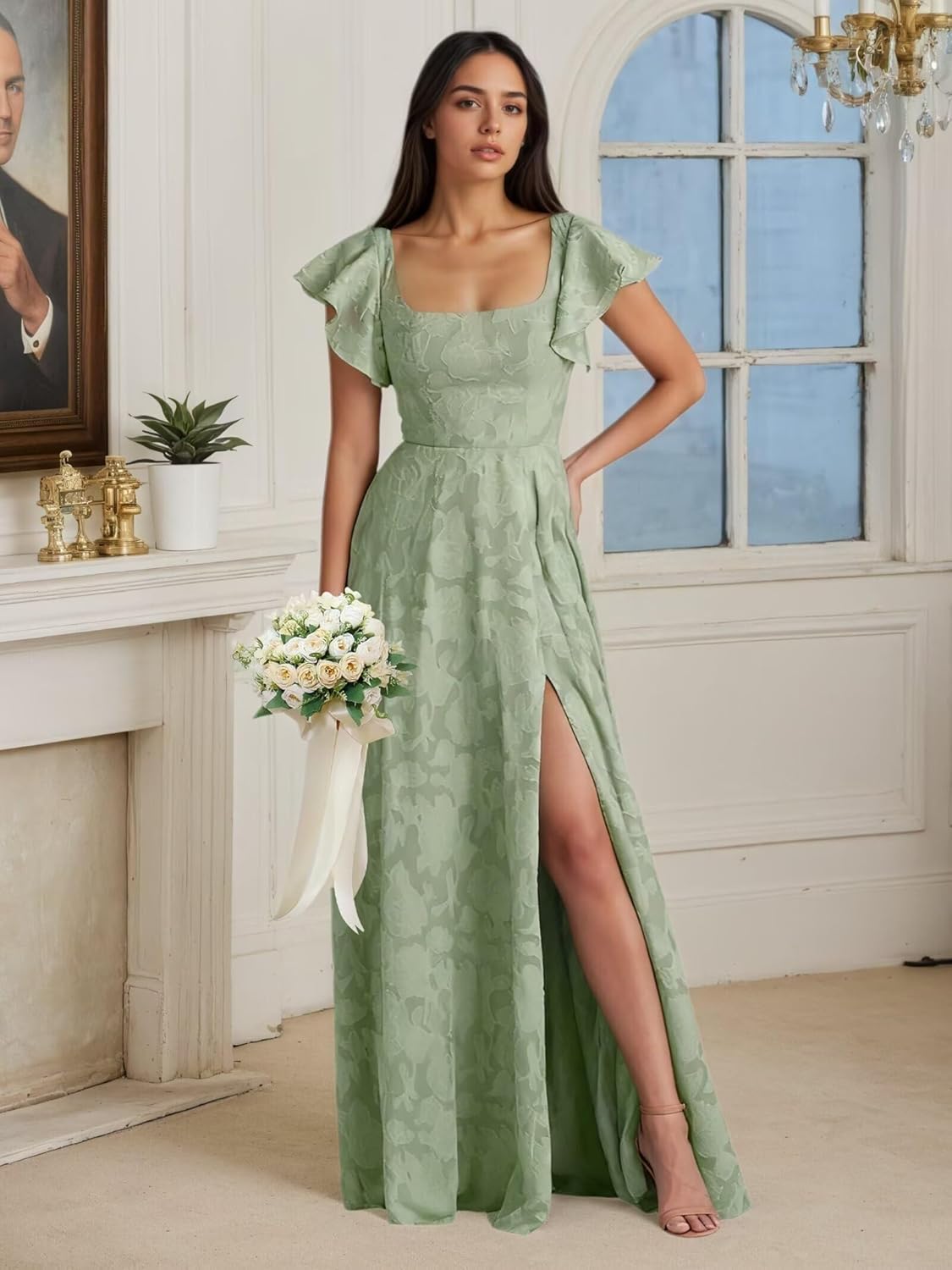 Floral A Line Bridesmaid Dress Ruffle Short Sleeve Wedding Guest Dress Long Square Neck Evening Gown with Slit
