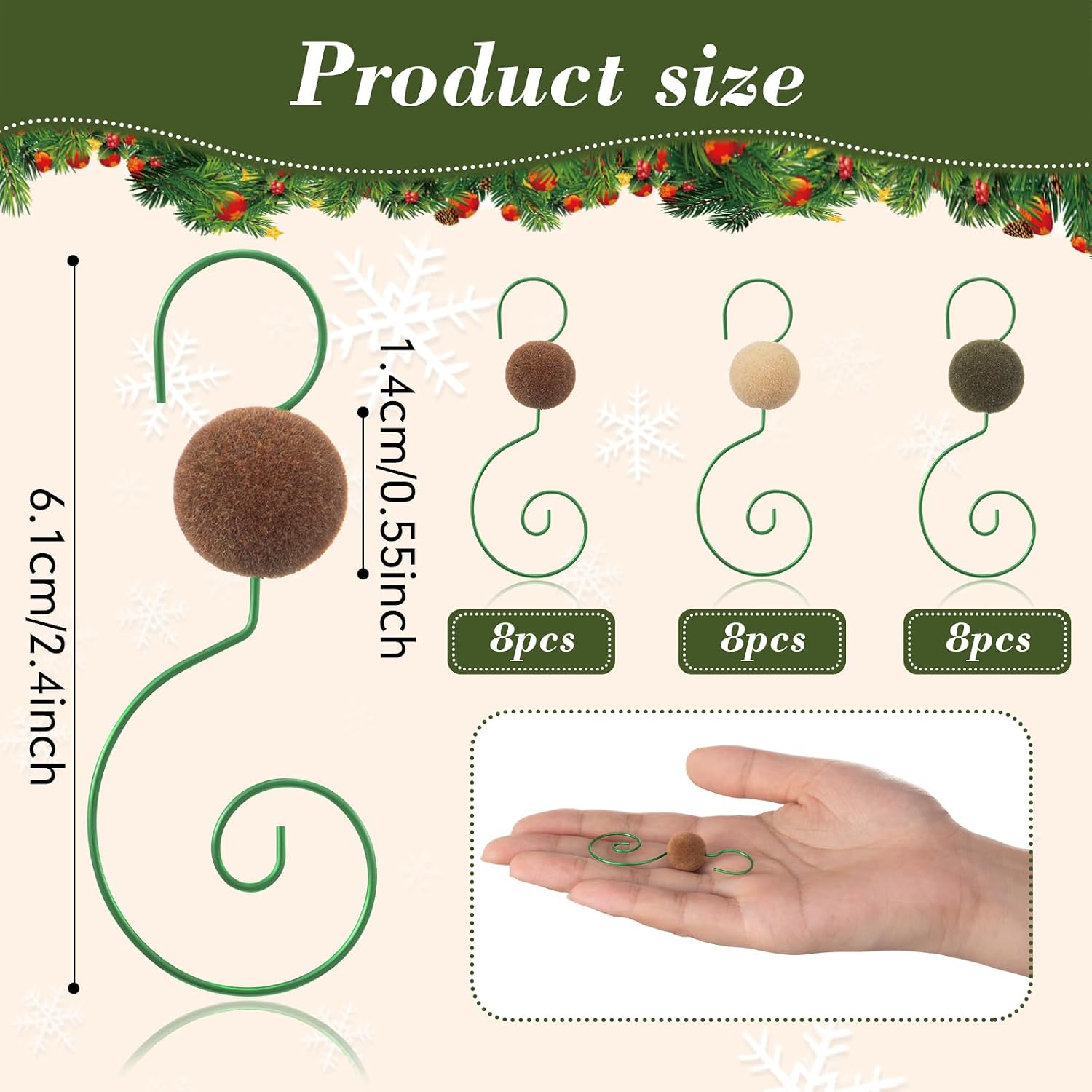 Cinnvoice 24 Pcs Velvet Christmas Ornament Hooks Christmas Tree Decorative Shaped Hangers Green Wire Swivel Ornament Metal Hooks with Velvet Beaded for Crafts Xmas Tree Decoration