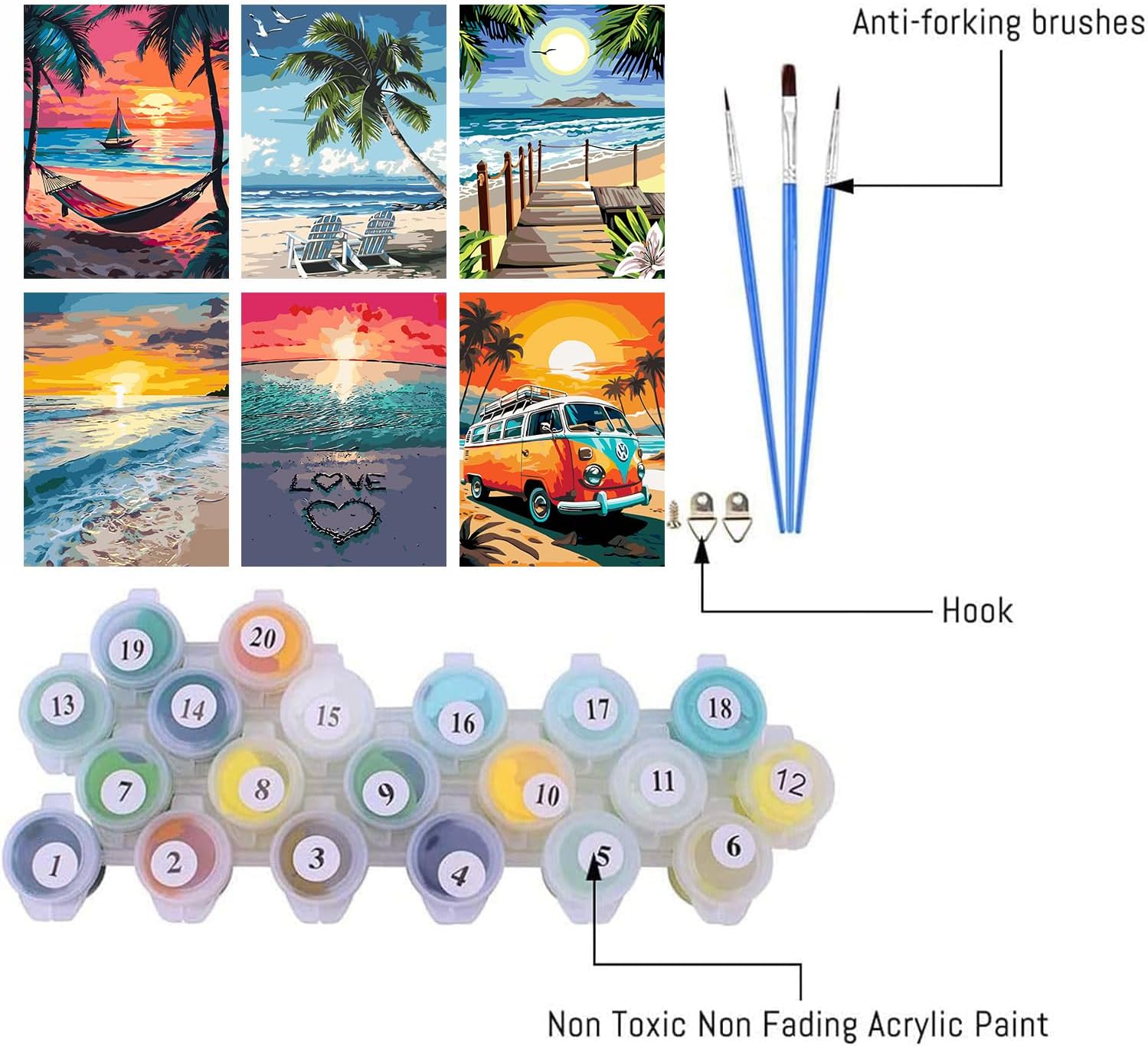 Ekuxom 6 Pack Paint by Numbers Kit for Adults Beginner, 12x16 inch Beach Adult Paint by Number Kits on Canvas, DIY Beach Painting by Numbers for Adults Home Wall Decor