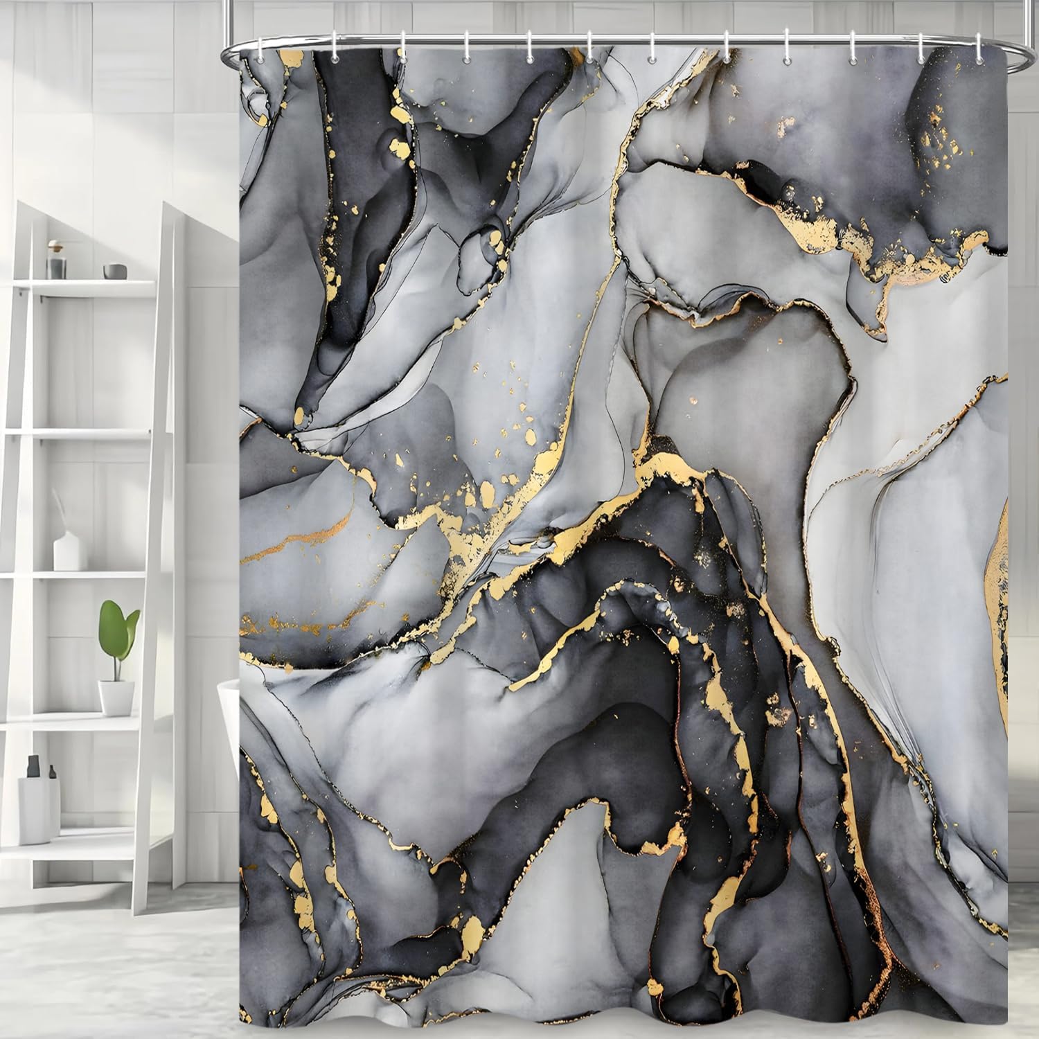 Black Marble Shower Curtain, Modern Abstract Luxury Black Gold Ink Texture Watercolor Art Bathroom Curtains Ombre Machine Washable Waterproof Fabric Bathtub Curtain Set with Hooks 72" Wx72 L