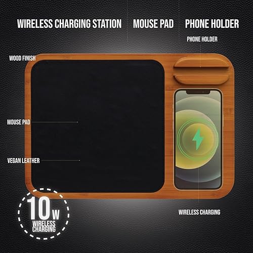Miniatura 2 de Oliver Gray Cargador inalámbrico y alfombrilla para mouse, alfombrilla de carga 3 en 1 + soporte para teléfono, acabado de madera, cuero vegano