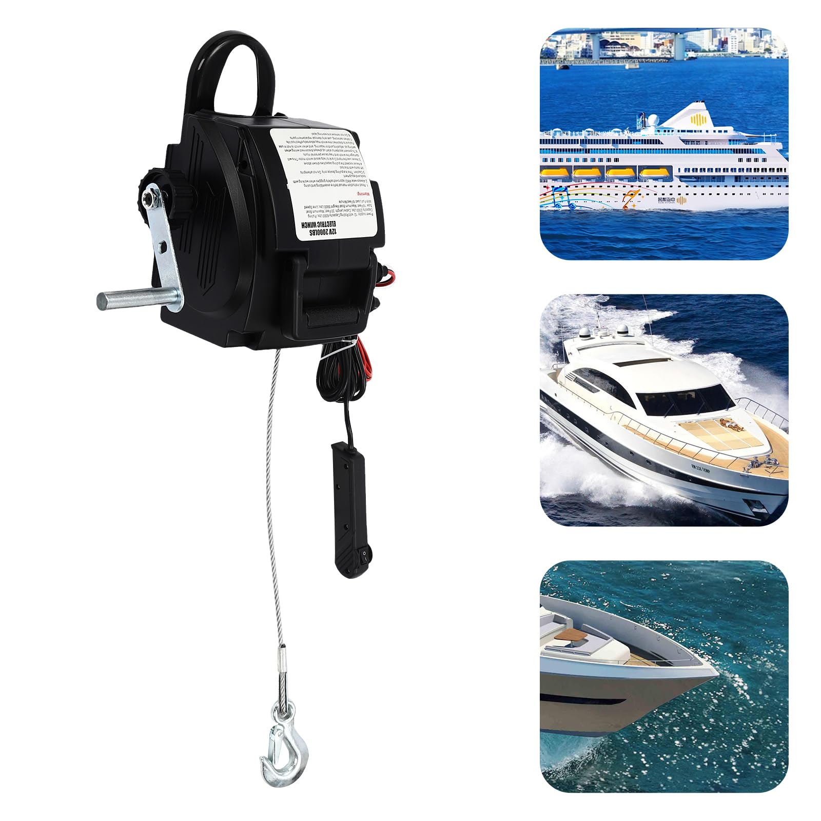 Treuil électrique 12 V, treuil de bateau avec protection contre les surcharges, force de traction de 907 kg, 2 modes de commande, treuil électrique pour voitures, remorques, remorques de