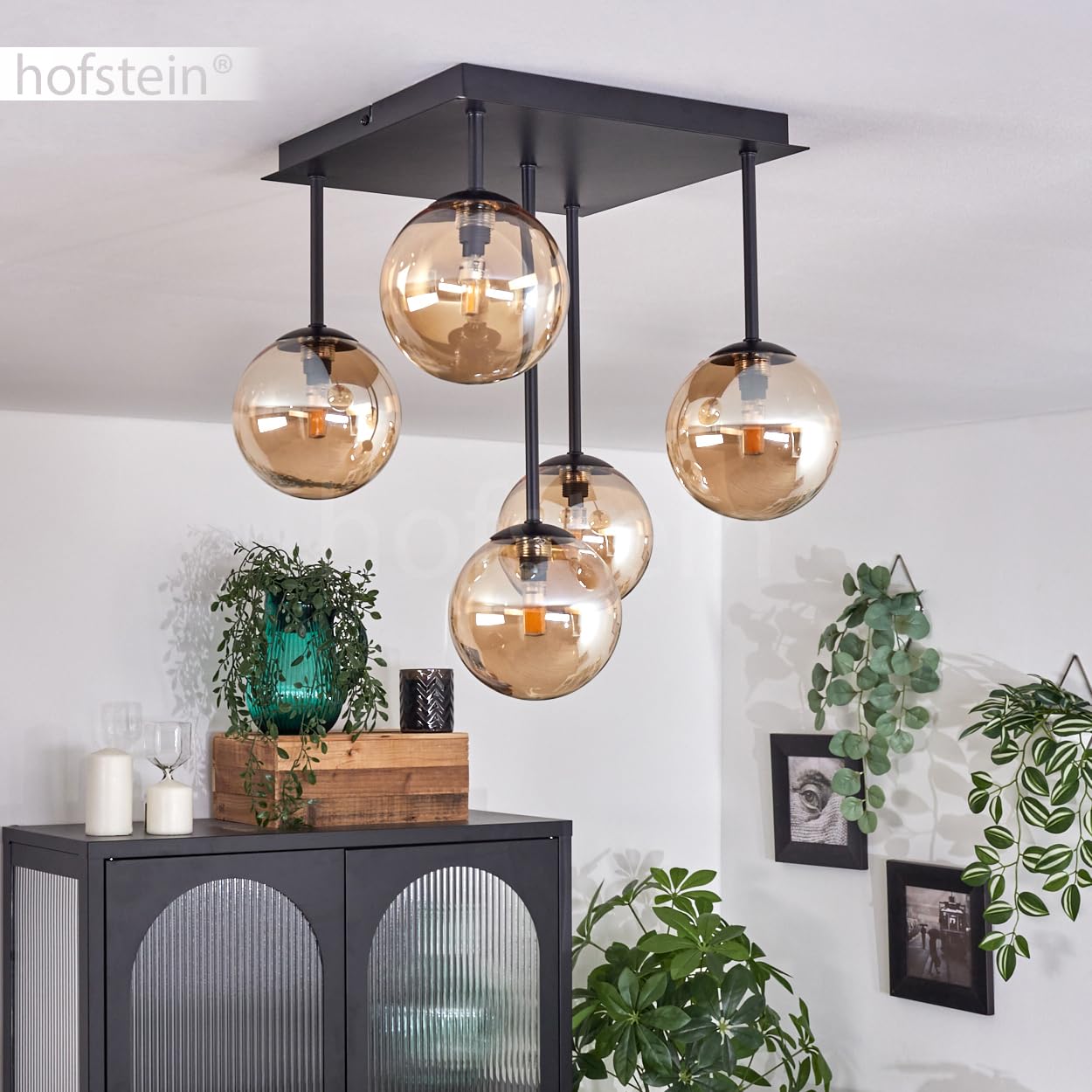 Plafonnier Chehalis, plafonnier en métal/verre noir/ambre, luminaire au design rétro/vintage avec abat-jour en verre (Ø 12 cm), 5 x G9 LED, sans ampoules