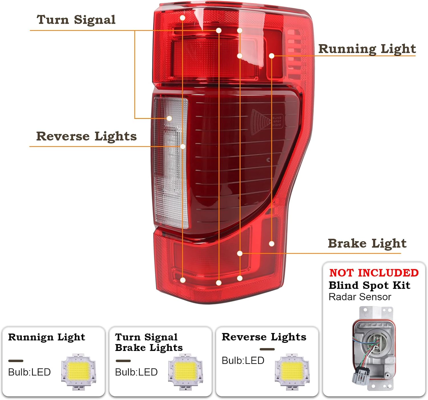 RH FULL LED W/Blind Spot Tail Light Fit for 2020 2021 2022 Ford F250 F350 F450 F550 Platinum/King Ranch/Lariat Super Duty Rear Lamp Right Passenger Side W/O Module LC3Z13404E FO2801282