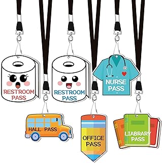 6 Pcs 6 Styles School Nurse Office Pass Wooden Bathroom Passes Cartoon Pattern Classroom Restroom Library Hall Wooden Slips with Lanyards Students Teacher Staff Organization Supplies Gifts