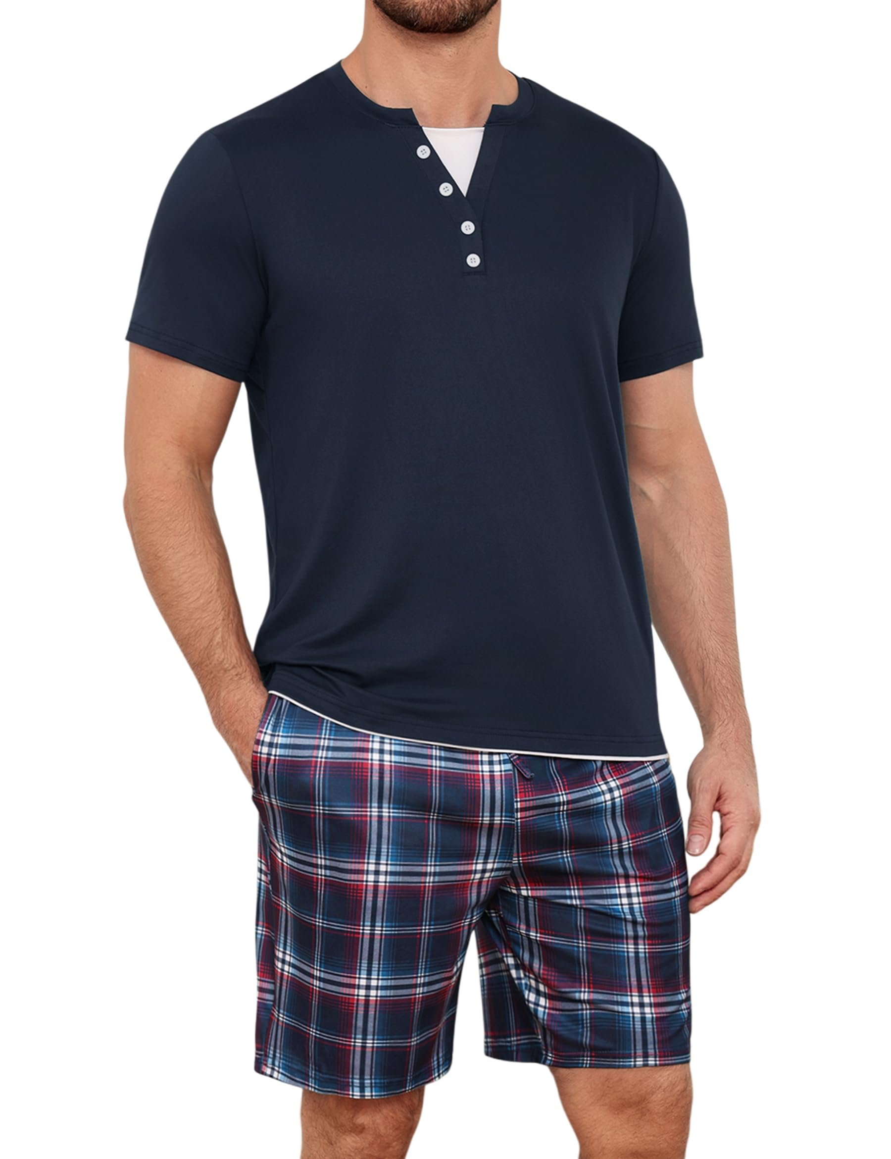 Jahetuul Schlafanzug Herren kurz Karomuster Schlafhose Männer Pyjama Sommer Henleykragen Schlafanzüge für Herren Pyjamashort Nachtwäsche Zweiteiler