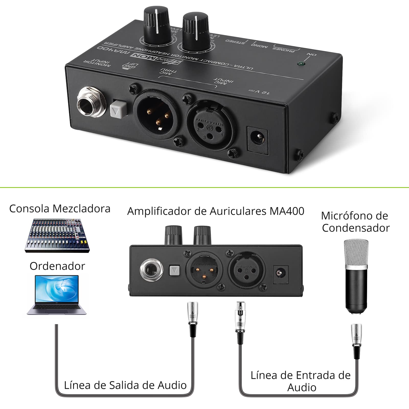 LiNKFOR MA400 Amplificador de Auriculares Ultra-Compacto con Entradas 6,35mm y 3,5mm Amplificador de Auriculares para Señal de Audio y Micrófonos XLR con Control de Volumen para Estudio Escenas