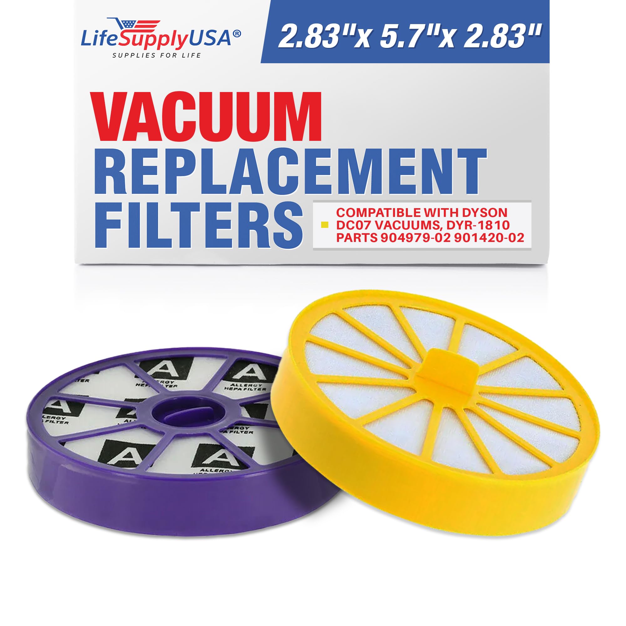 LifeSupplyUSA HEPA Post-Motor Filter & Pre-Motor Filter Kit Replacement with Rubber Seals Compatible with Dyson DC07 Vacuums, DYR-1810 Parts 904979-02 901420-02