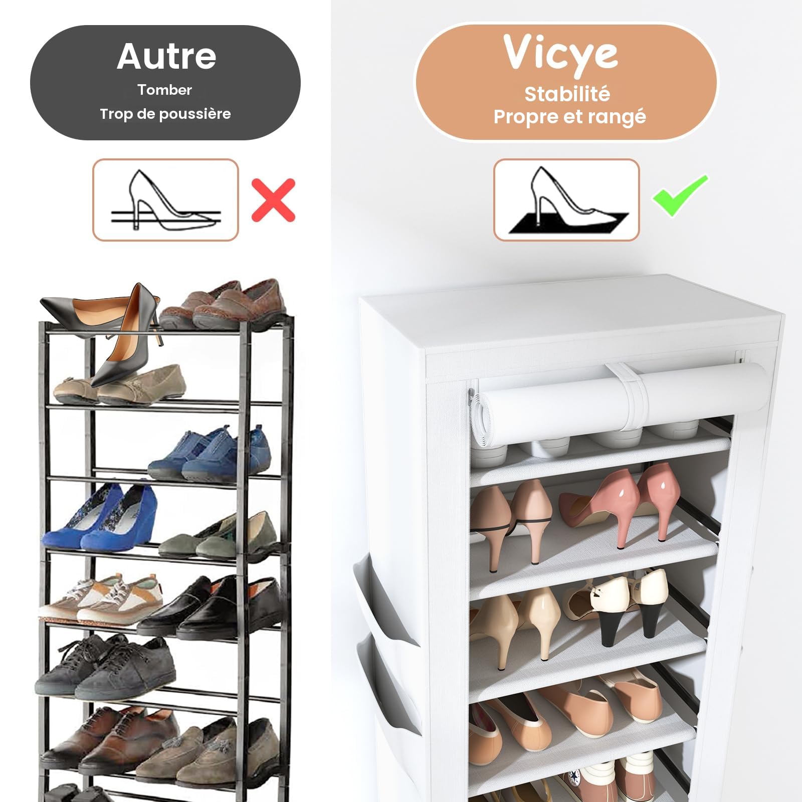 Vicye Etagere Chaussure à 11 Niveaux Range Chaussures Gain de Place avec Couverture, Meuble Chaussure pour 20-22 Paires, Armoire de Rangement Chaussures Haut