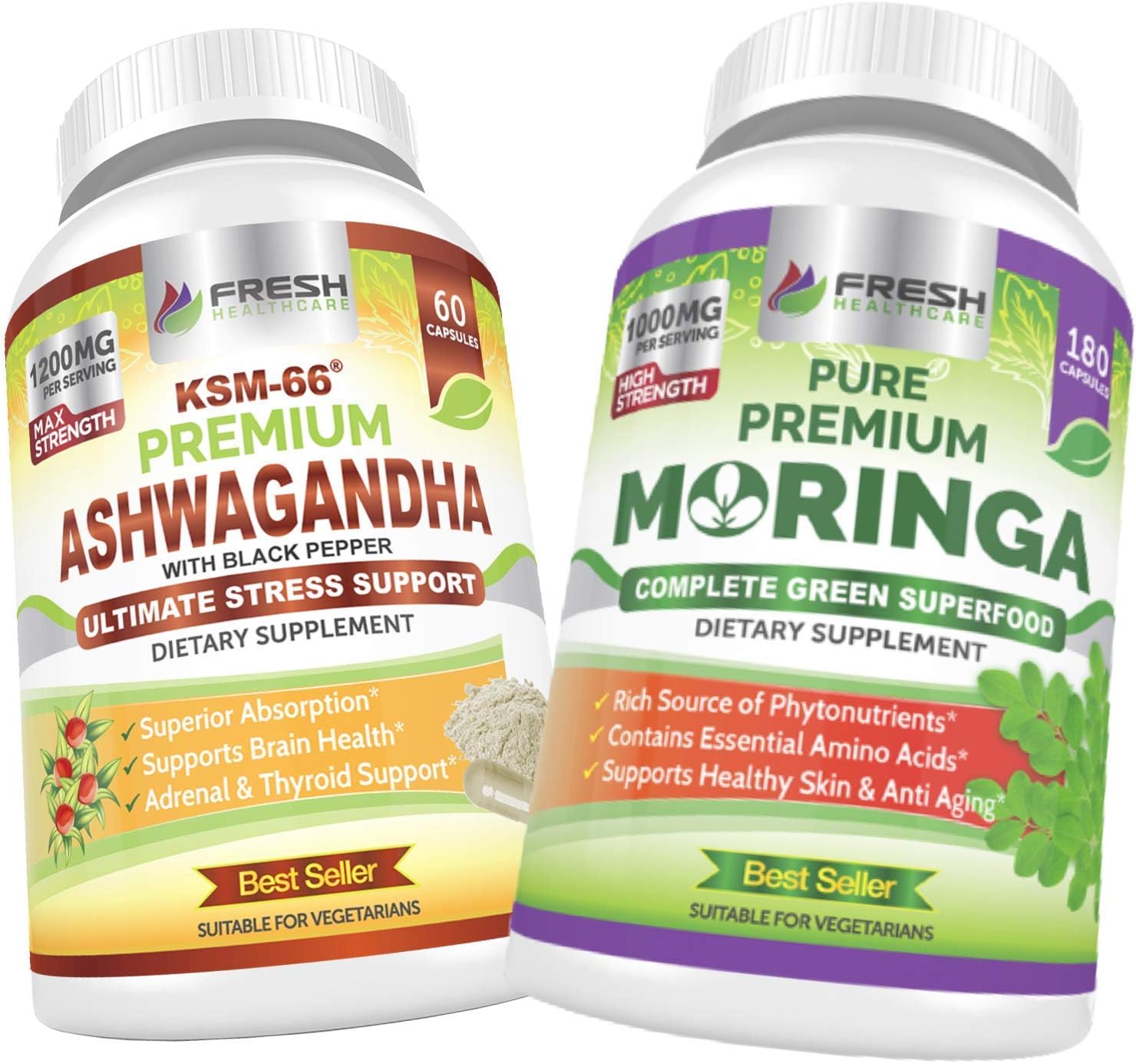 FRESH HEALTHCARE Ashwagandha KSM 66 and Moringa Superfood - Bundle
