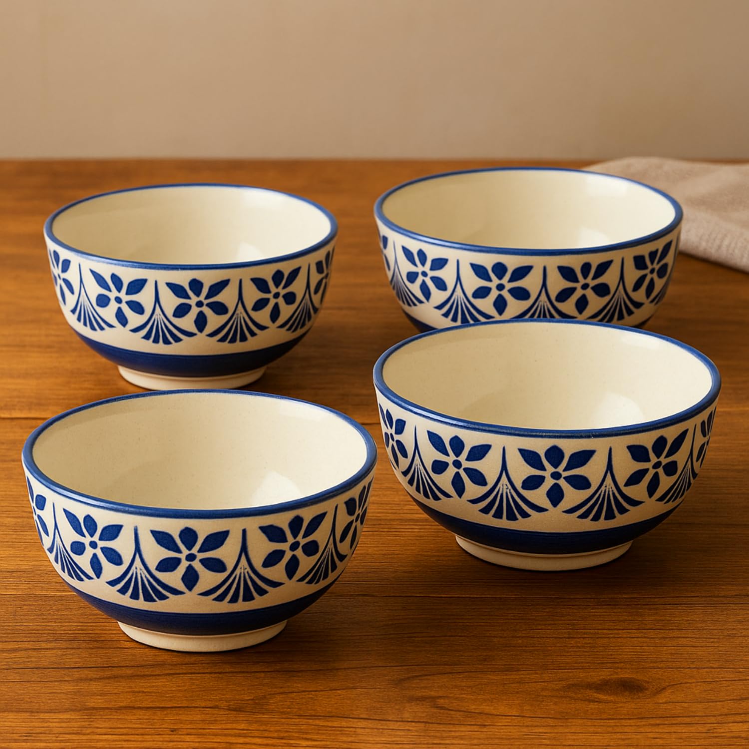 Handmade Ceramic Bowl Set of 4 Pcs - Each 250ml| Hand Painted Blue Floral Design Serving Snacks, Noodles/Maggie, Soup/Cereal Side Bowls Katori| Microwave & Dishwasher Safe Crockery Return Gift Items-picture-24